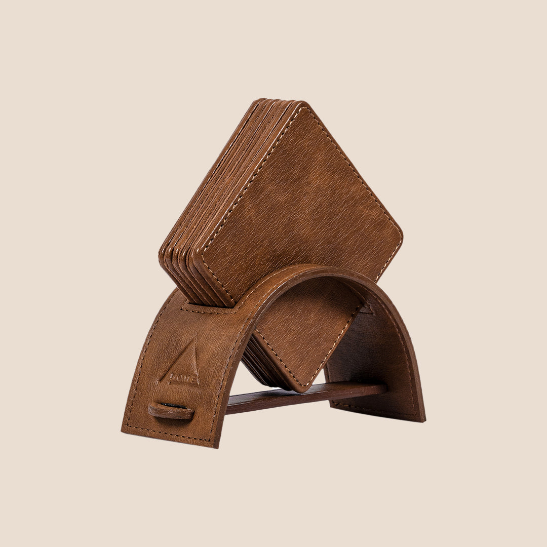 Saddle Stitch Square Coaster and Leather Tray Set