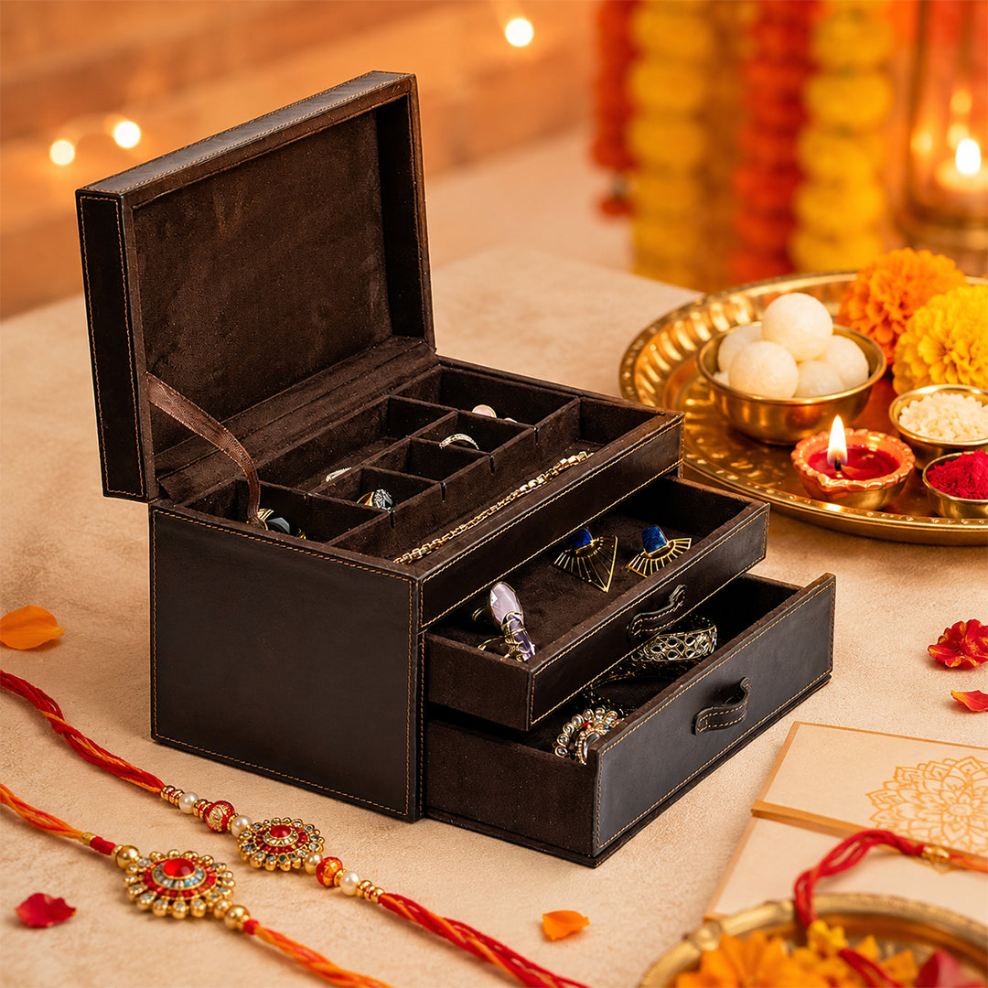 Royal Relic 3 layer Leather Organizer- Real Leather- Rakhi Gift Set