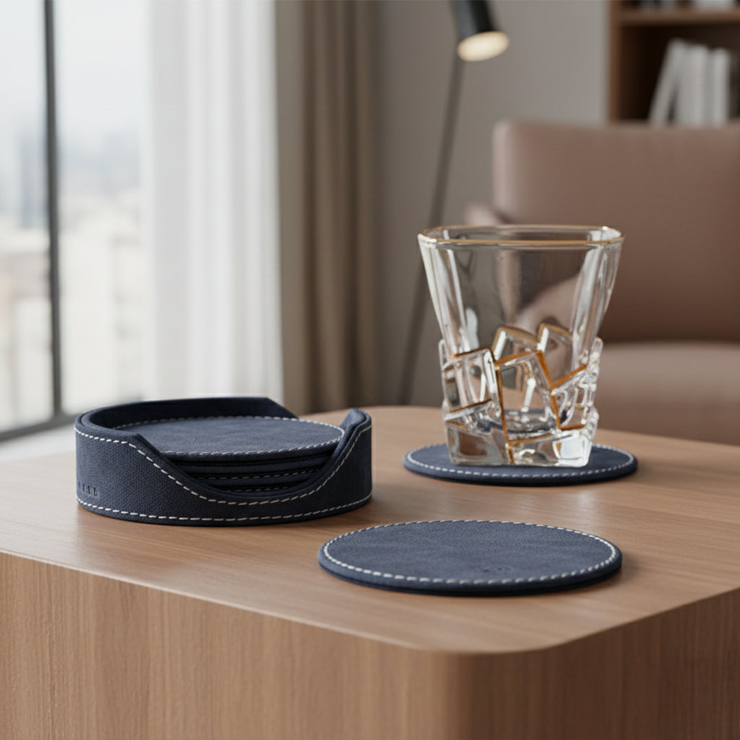 Luxe Round Coasters With Holder- Set of 6