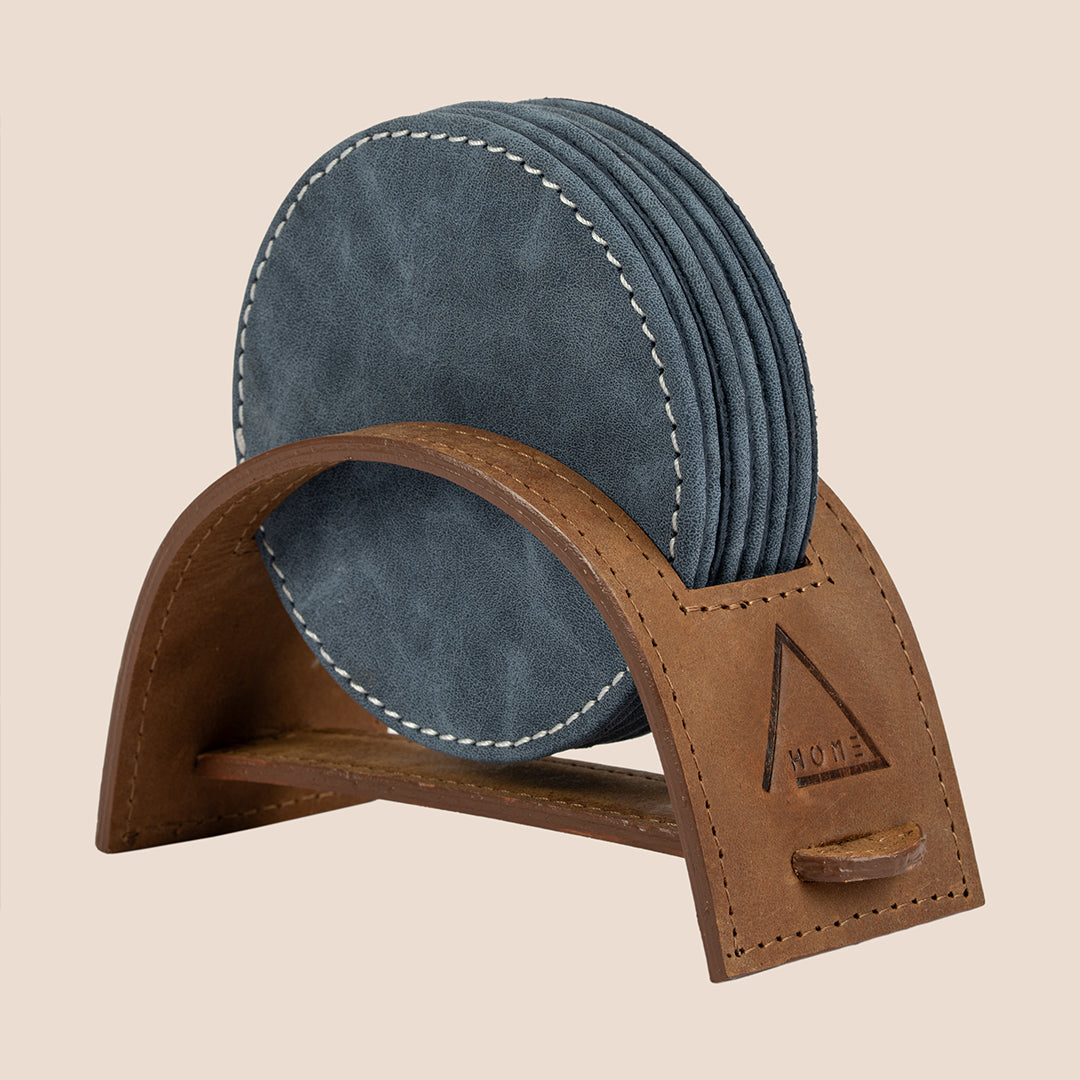 Saddle Arc Luxe Coasters – Set of 6 (with Leather Holder)