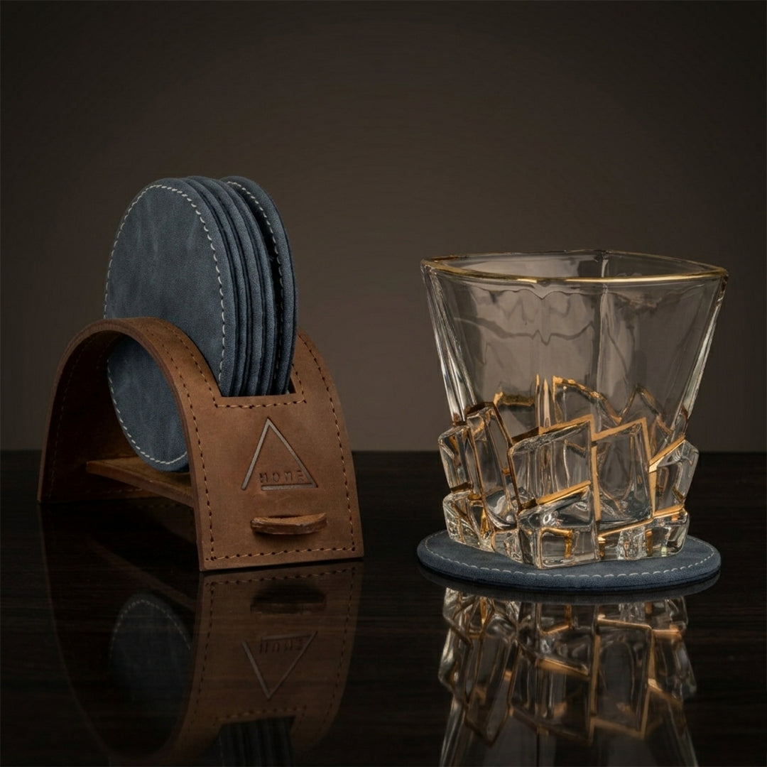 Saddle Arc Luxe Coasters – Set of 6 (with Leather Holder)