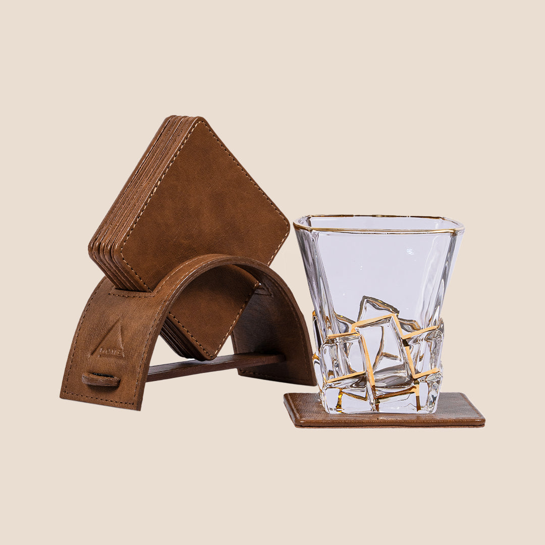Saddle Stitch Square Coaster and Leather Tray Set