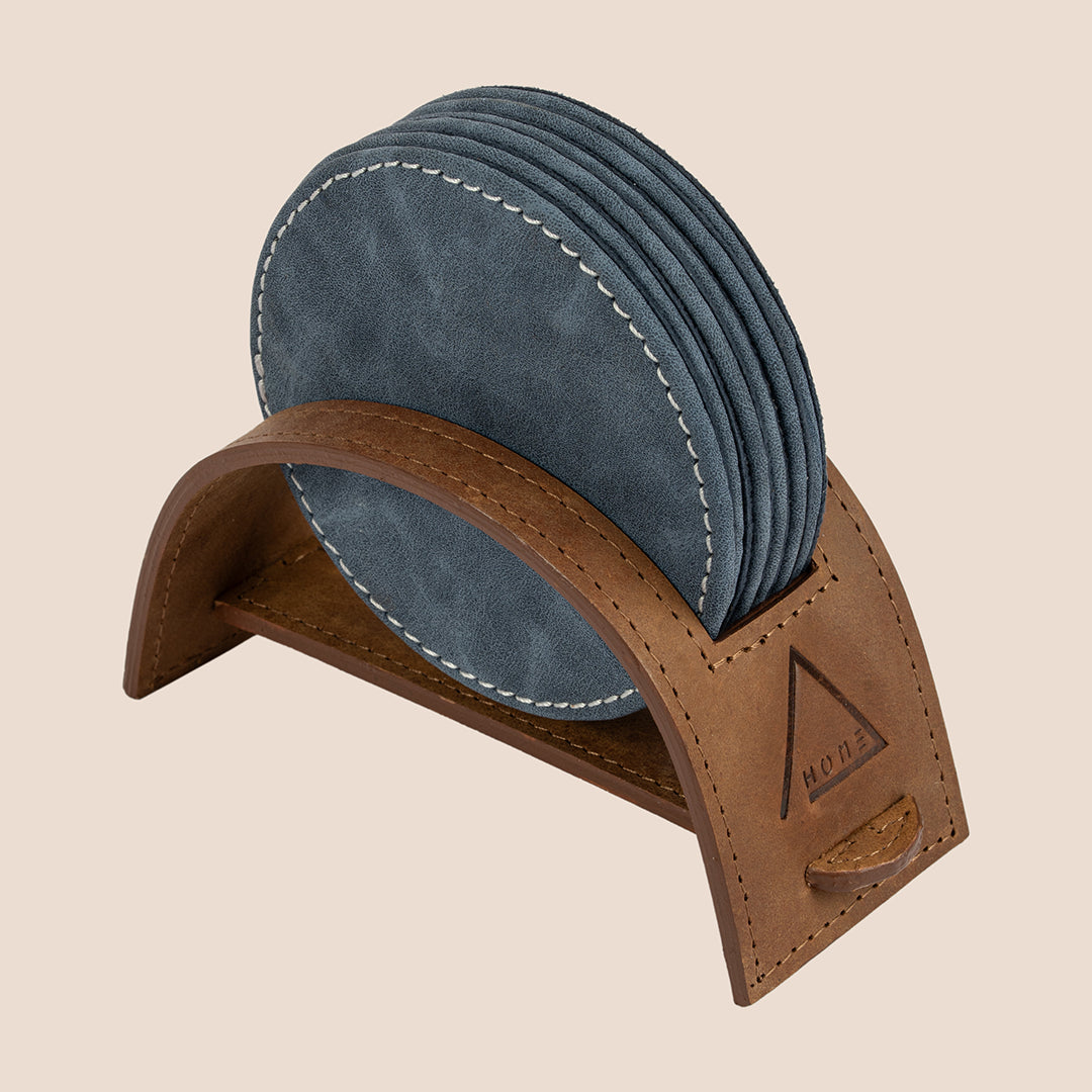 Saddle Arc Luxe Coasters – Set of 6 (with Leather Holder)