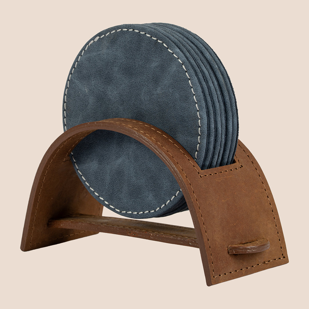 Saddle Arc Luxe Coasters – Set of 6 (with Leather Holder)
