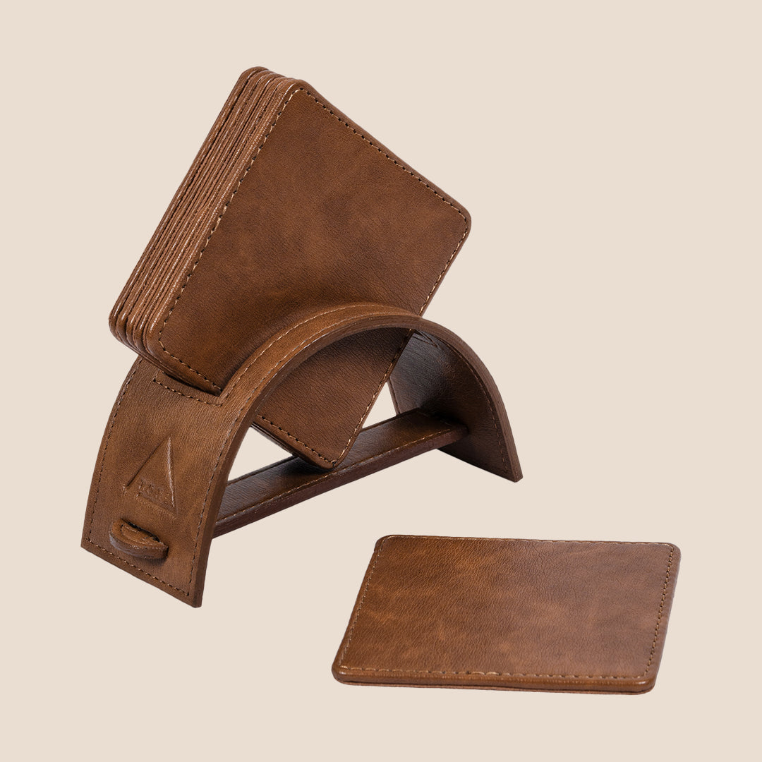 Saddle Stitch Square Coaster and Leather Tray Set