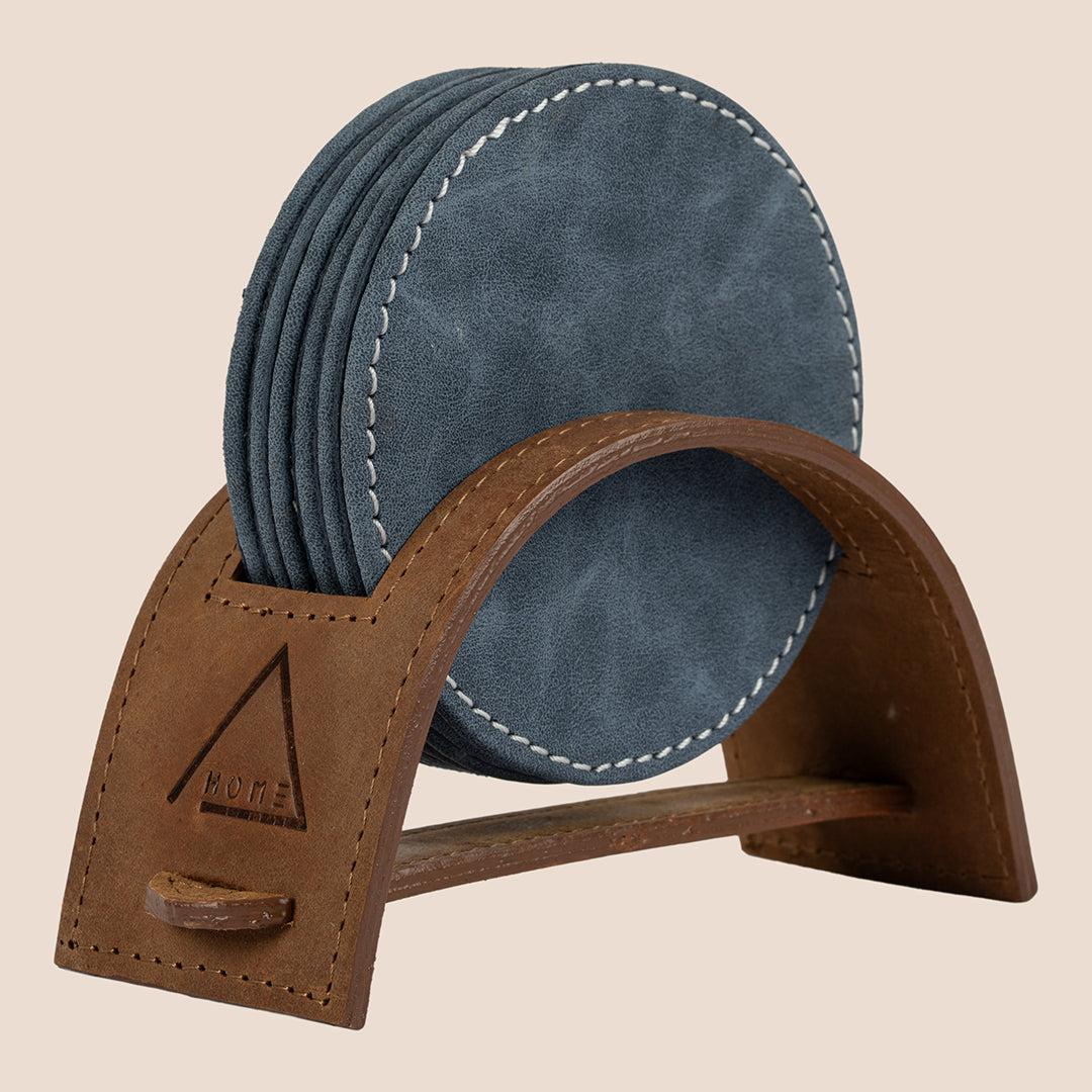 Saddle Arc Luxe Coasters – Set of 6 (with Leather Holder)