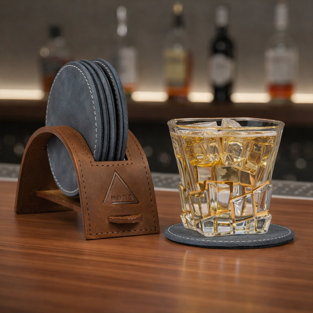 Saddle Arc Luxe Coasters – Set of 6 (with Leather Holder)