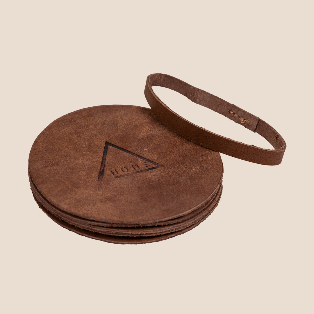 Regal Round Brown Coaster - Set of 5 (with band)- Real Leather