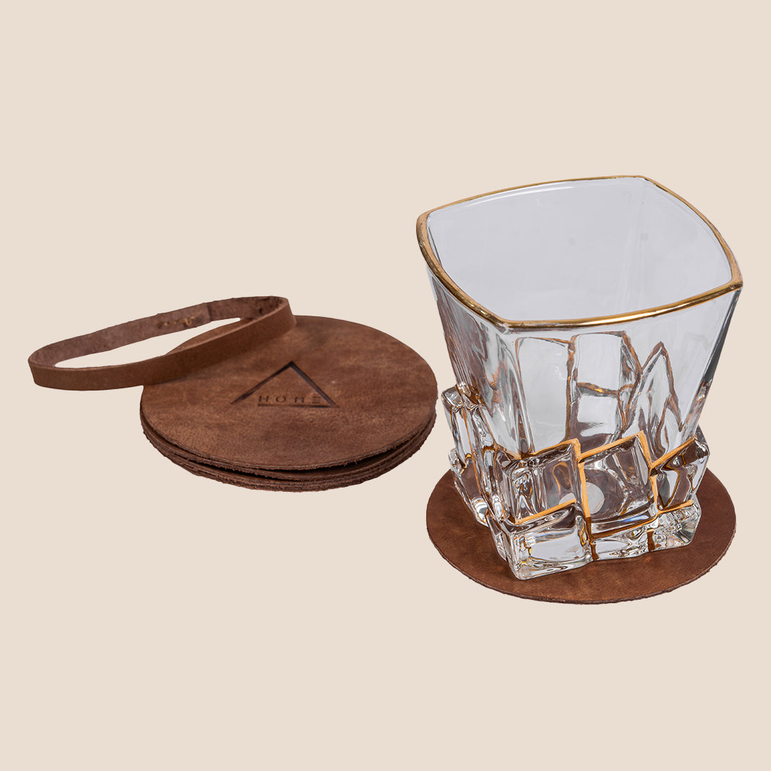 Regal Round Brown Coaster - Set of 5 (with band)- Real Leather