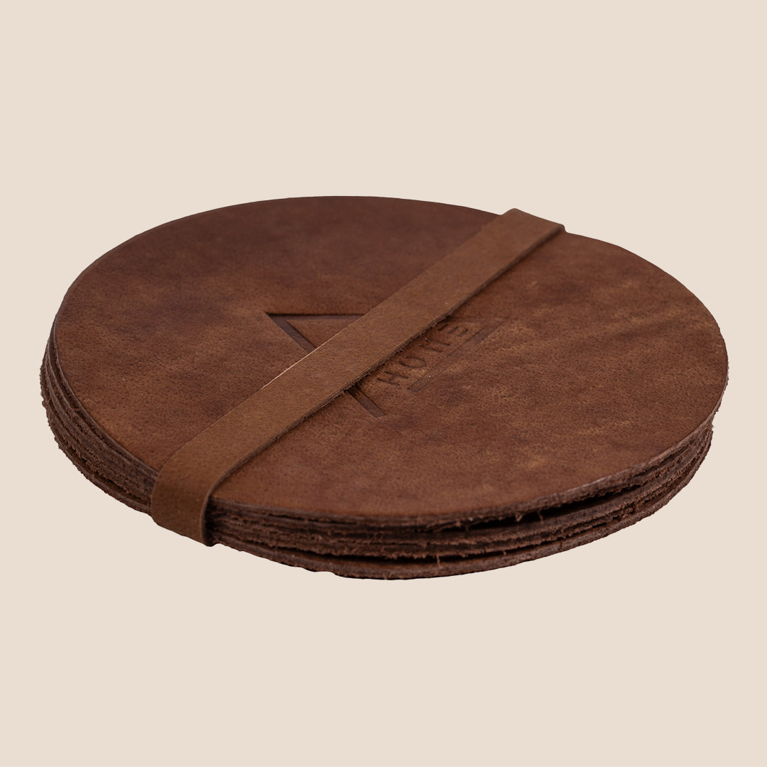 Regal Round Brown Coaster - Set of 5 (with band)- Real Leather