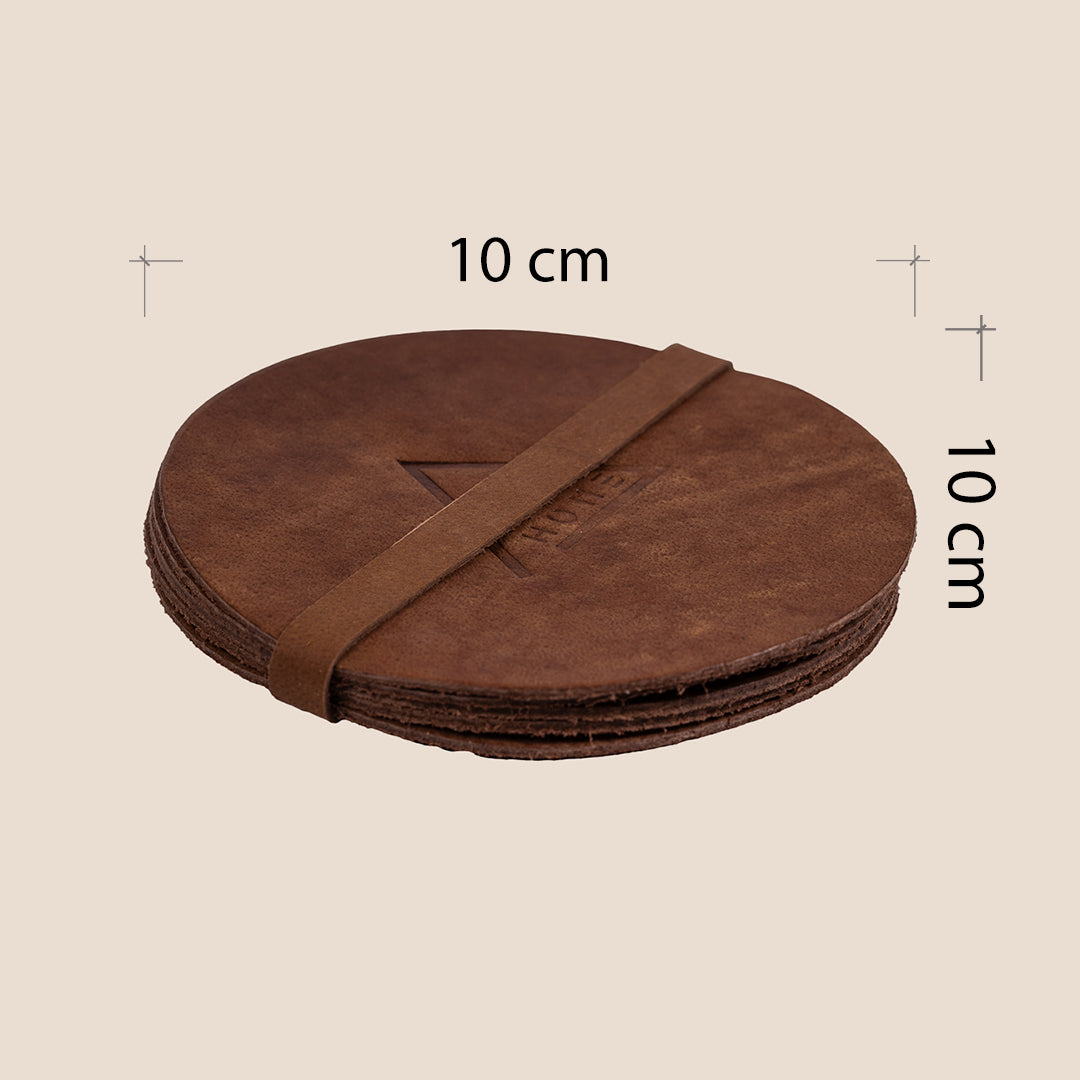 Regal Round Brown Coaster - Set of 5 (with band)- Real Leather