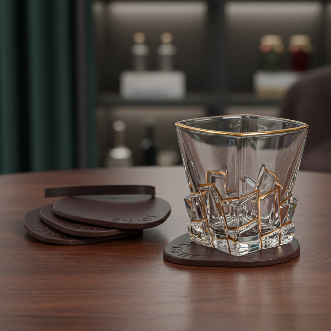 Art Luxe Dark Brown Coaster - Set of 4 (with band)- Real Leather