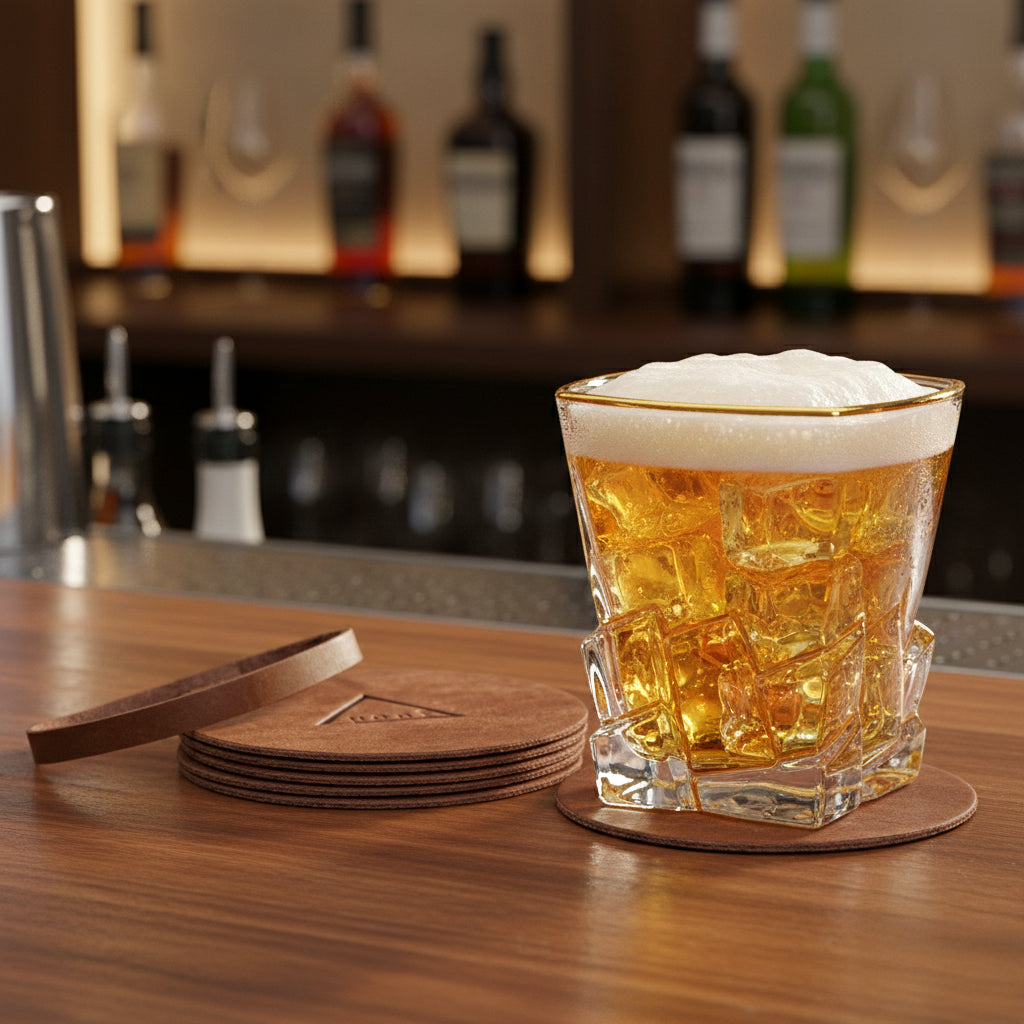 Regal Round Brown Coaster - Set of 5 (with band)- Real Leather