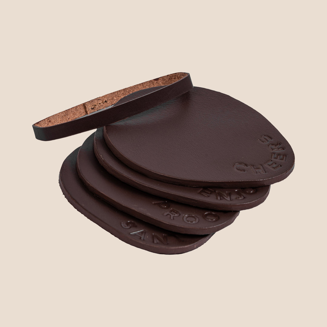 Art Luxe Dark Brown Coaster - Set of 4 (with band)- Real Leather