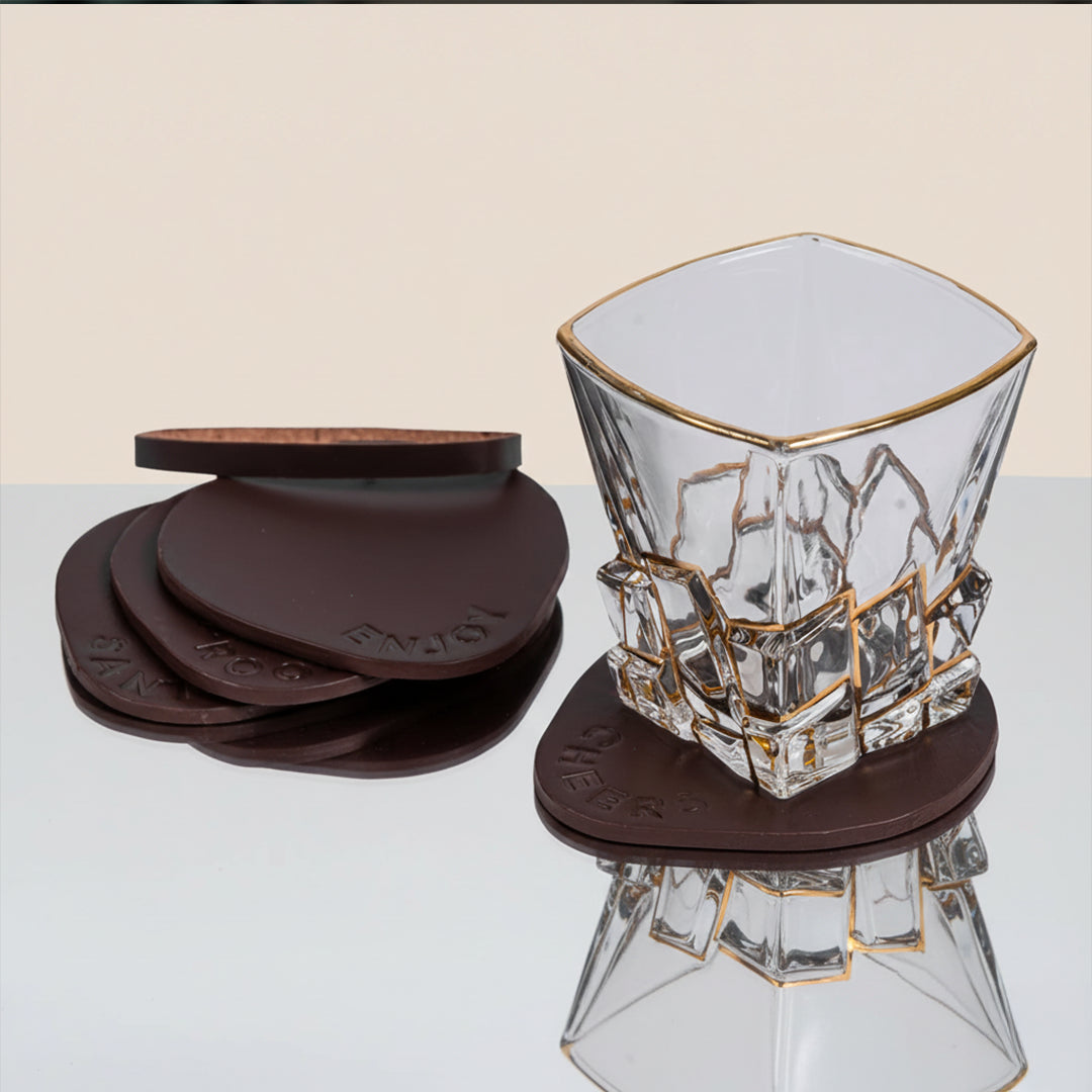 Art Luxe Dark Brown Coaster - Set of 4 (with band)- Real Leather