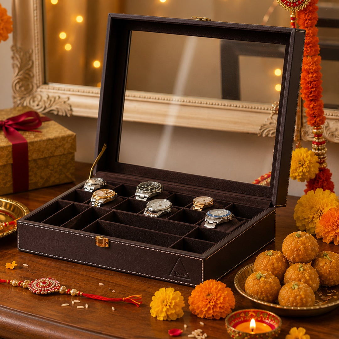 Dual Vault Crystal Top Watch & Jewel Box- Real Leather- Rakhi Gift Set