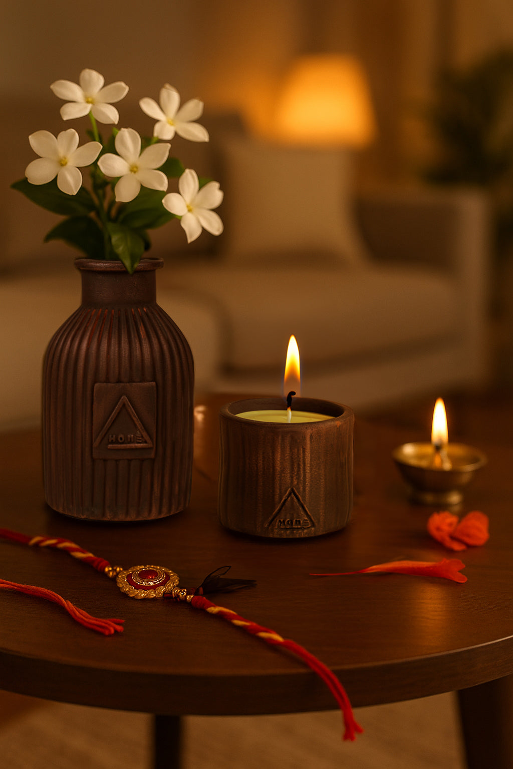 The Tactile Vessel & Etched Glow & Surprise Rakhi Gift (Set of Scented Candle & Vase) - ACad Home