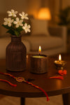 The Tactile Vessel & Etched Glow & Surprise Rakhi Gift (Set of Scented Candle & Vase) - ACad Home