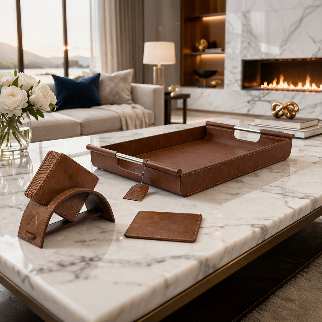 Saddle Stitch Square Coaster and Leather Tray Set